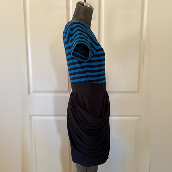 Forever 21 Twist Striped Dress Blue Black Draped Tulip Skirt Ruched M - Picture 4 of 9